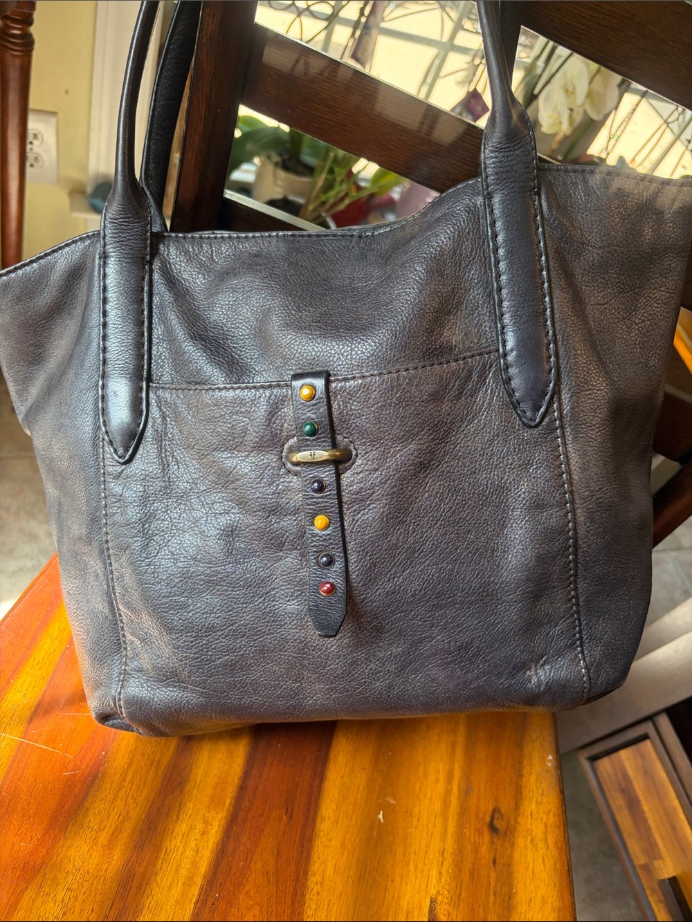 Frye Leather Tote Handbag with Multicolor Stud Accent - Black